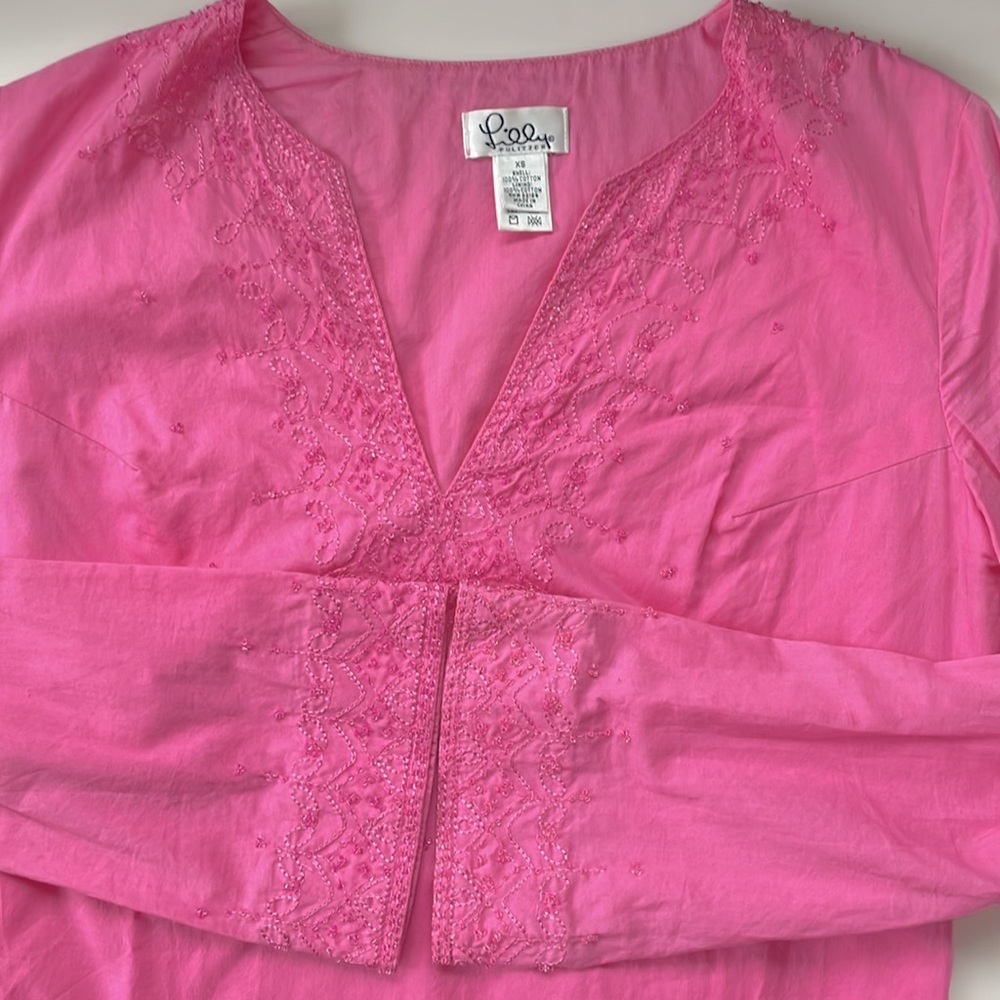 Lilly Pulitzer 100% Cotton Beaded Notch Neckline Tunic in Pink, Size XS